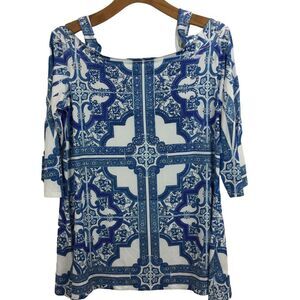 Reba Womens Blissful Shores Jeweled Studded 3/4 Sleeve Blouse Top Blue White L